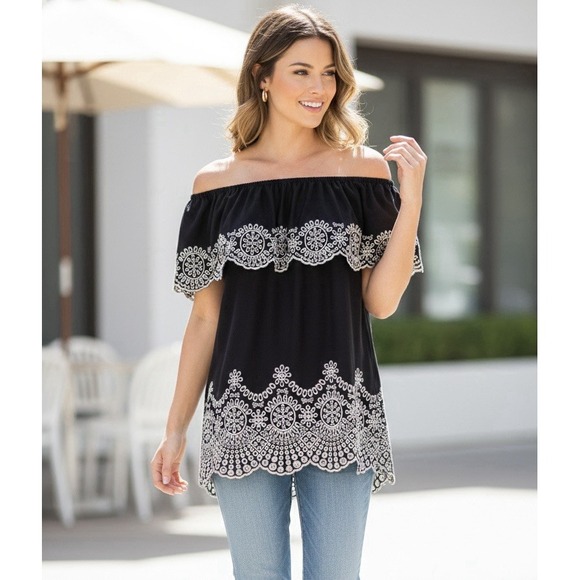 Fever Tops - Fever Women Black White Eyelet Embroidered Off The Shoulder Boho Blouse Large